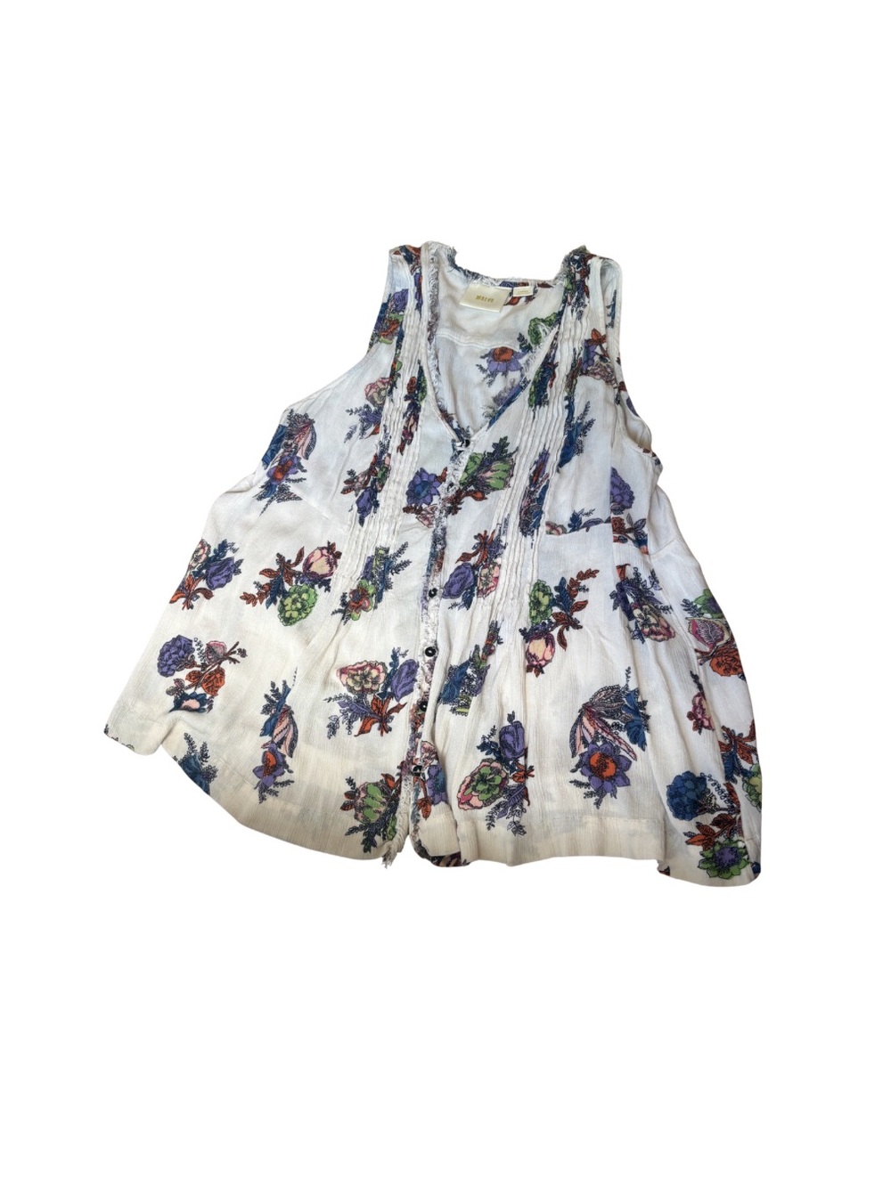 Maeve Ivory Floral Pintuck Raw Edge Swing Tank Top